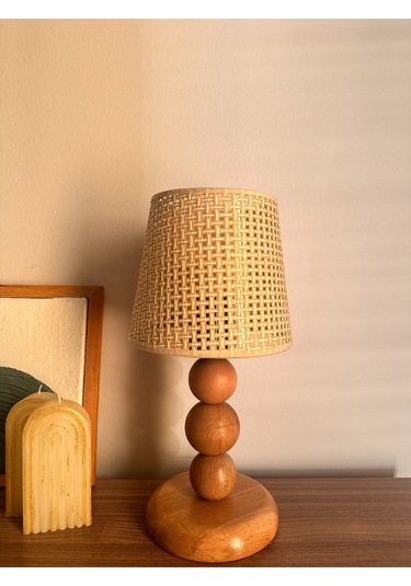 Bohem Ahşap Ayaklı Abajur - Bej Bej