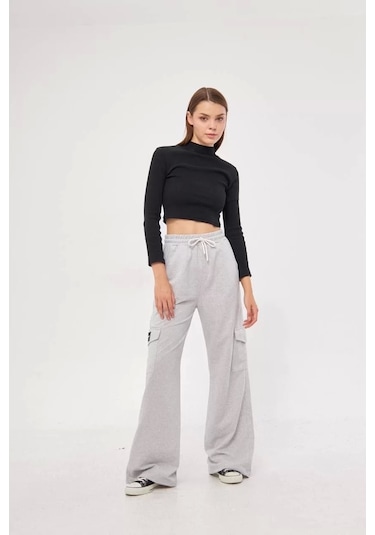 Kargo Cepli Palazzo Oversize Kesim İki İplik Bol Paça Eşofman Altı Pantalon - Gri Gri