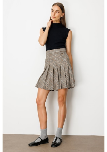 Ekol Kadın Ekoseli Mini Etek 5079 Vizon Vizon