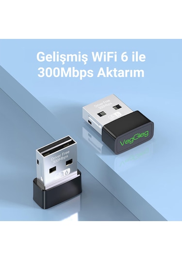 Veggieg 300 Mbps Wifi 6 Çift Bant Kablosuz Alıcı Verici Nano Usb Adaptör