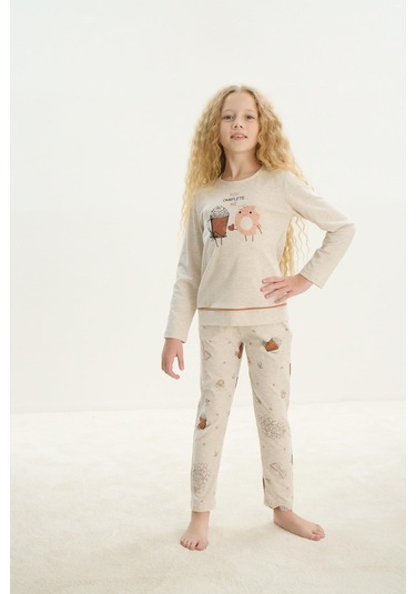 Sevim Kız Çocuk Uzun Kol Bej Melanj Pijama Takım C2t1n7o8 001