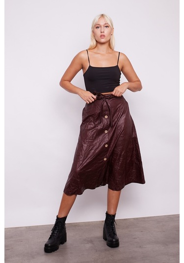 Kraş İnce Deri Yüksek Bel Yan Cepli Kiloş Uzun Etek-Mürdüm