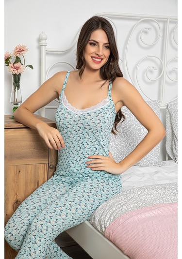 Kadın Çiçek Desenli Dantel Detaylı Şortlu Ve Taytlı Pijama Takımı 3'lü Set 75013 Mint
