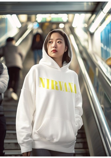 Sevbano Nirvana Yazılı Unisex Oversize Tasarım Hoodie Beyaz