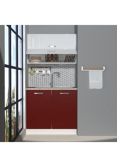 Decoraktiv Mini 90y Mdf Hazır Mutfak Dolabı - Tezgah Dahil - Bordo Beyaz Beyaz - Kırmızı