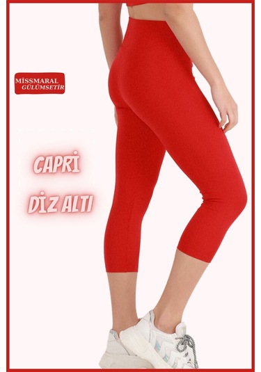Kadın Kapri Tayt Kırmızı Diz Altı Yüksek Bel Toparlayıcı Dar Paça Karyoka Dikiş Detaylı Capri 1020 Kırmızı