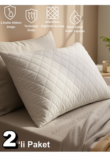Beylini 2'li 800 Gr Mikrofiber Kapitone Yastık Yumuşak Rahat Antialerjik Makinede Yıkanabilir Pürüzsüz 50x70cm Beyaz