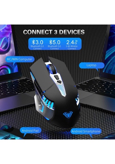 Bluetooth Şarjlı Kablosuz Yan Düğmeli Fare 3 Modlu: Bt5.0/3.0+2.4ghz 7 Renkli Işık Siyah Diğer