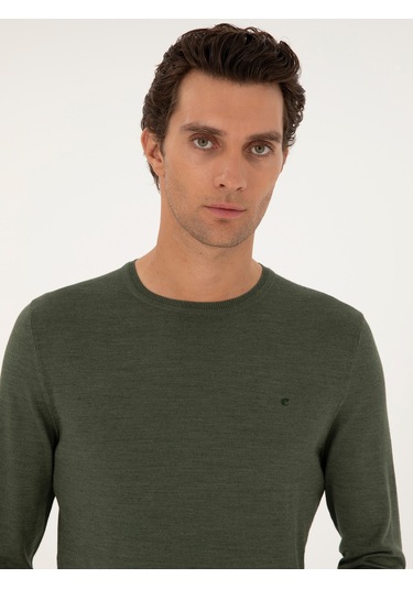Cacharel Haki Slim Fit Yün Karışımlı Bisiklet Yaka Basic Triko Kazak Yesıl