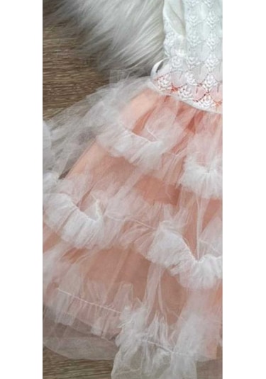 Kız Çocuk Güpür Tül Detaylı Pembe Mor Kat Kat Prenses Elbise Pembe