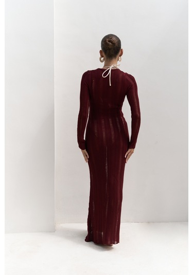 Anandra Boncuk Detay Bordo Triko Uzun Elbise Bordo