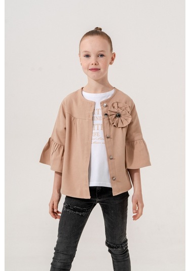 Kız Çocuk Çiçek Gömlekli İkili Kız Takım 3127 Bej