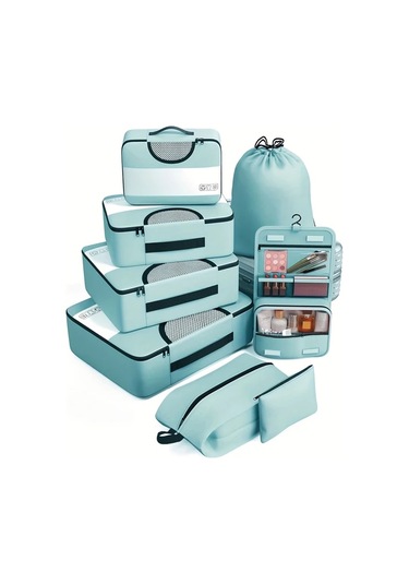 Fochsia 8 Parça Lake Blue Oksford Sıkıştırma Çantası Seyahat Bagaj Depolama Çantası Ahşap