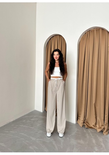 Taş Bel Bantı Detaylı Yan Fermuarlı Pantolon Taş