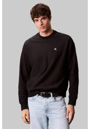 Erkek Bisiklet Yaka Nakış Logolu Sweatshirt - Siyah Black