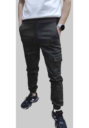 Erkek Jogger Beli Ve Paçası Lastikli Keten Haki Kargo Pantolon Haki