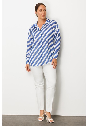 Moda İlgi Kadın Büyük Beden Verevli Klasik Saten Gömlek 0002 Saks Saks