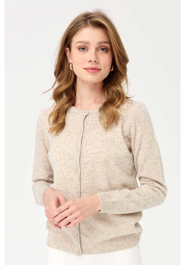Desen Triko Kadın Sıfır Yaka Triko Yün Hırka 21031 V. Bej