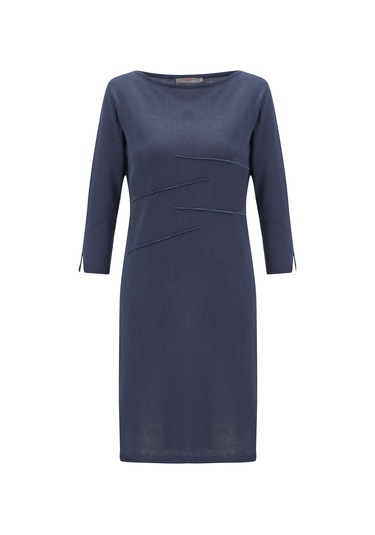 Peraluna Kayık Yaka Sade Yazlık Kadın Triko Elbise Gri- Mavi