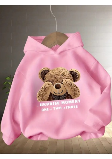 Kışlık Kapüşonlu Sweatshirt, Çocuk Ayı Suprise Baskılı Pembe