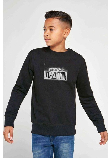 Led Zeppelin Baskılı Unisex Çocuk Siyah Sweatshirt (528546404)