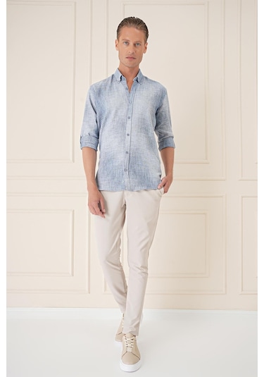 Efor Comfort Fit Batik Desen %100 Keten Mavi Gömlek G 1571 Mavi