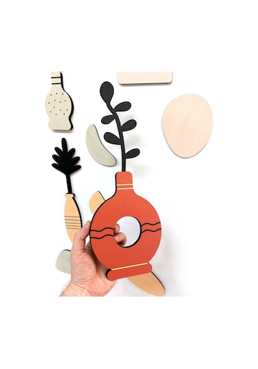 Cajuart 9 Parça Dekoratif Ahşap Sanasal Vazo Çiçek Pastel Renk Duvar Tablo Seti Ahşap Dekor