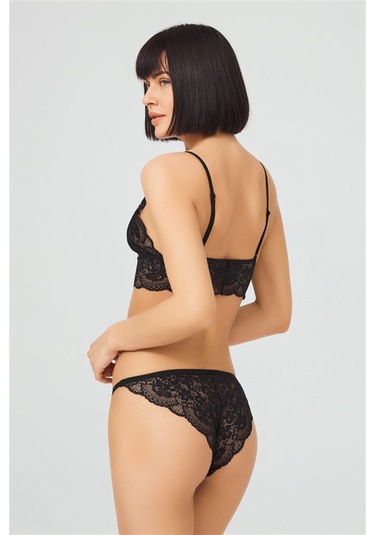 Siyah Dantelli Transparan Balensiz Kadın Sütyen Takımı Siyah