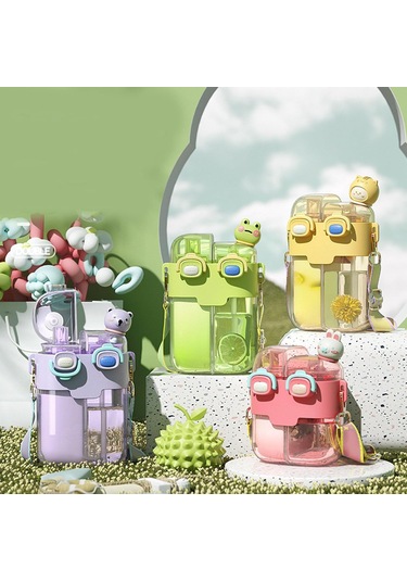 Kawaii Su Şişeleri Samanlı, Moda Plastik Çift İçme Suyu Şişesi Spor Fitness Gym Camping Lavanta 780ml İçin Ayarlanabilir Kayış Gül Kırmızı