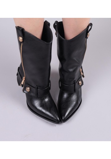 Kindep Fermuar Detaylı Günlük Kısa Topuklu Kadın Çizme Siyah Siyah