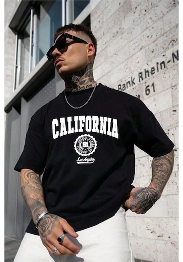 Hırsch Unisex Siyah California Baskılı Oversize T-shirt SIYAH