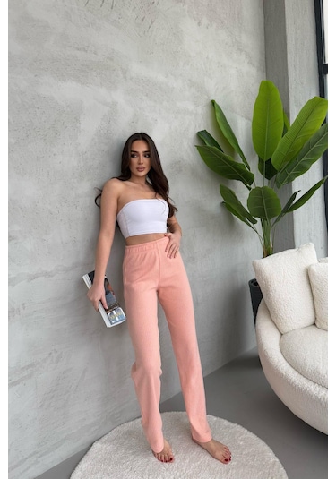 Kadın Yavruağzı Yüksek Bel Fitilli Bol Paça Günlük İnce Eşofman Altı Yavruağzı