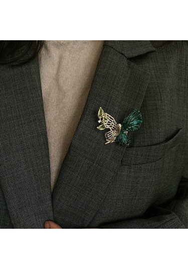 Blucome Narin Delikli Kelebek Bakır Broş El Dokuma Moda Hırka Kadın Erkek Ceket Başörtüsü Pimleri Yeşil