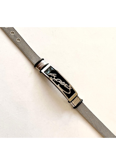 Kemal Atatürk İmzalı Kemer Kordonlu Çelik Bileklik 23 Cm Gümüş - Siyah
