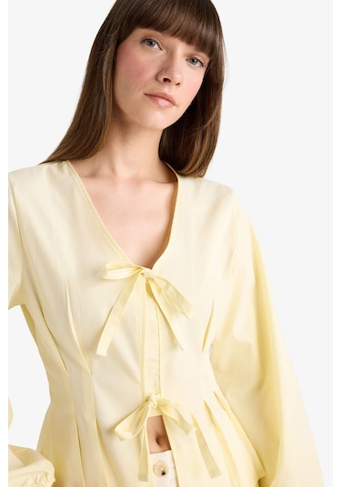 Defacto Fitted V Yaka Önden Bağlamalı Poplin Uzun Kollu Bluz G2178ax25wnyl509 Sari