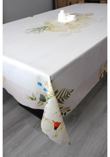 160x220 Dijital Baskı Leke Tutmaz Kumaş Masa Örtüsü Pembe - Ekru