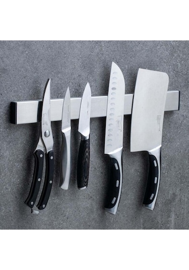 Paslanmaz Çelik Bıçaklık - Manyetik Mutfak Rafı, Pratik Bıçak Askısı Ahşap