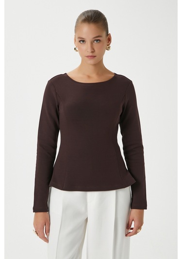 Ritnice Kadın Runa Premium Kahverengi Peplum Bluz Kahverengi