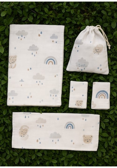 Müslin Bezi Bebek Set 6 Parça 100 % Pamuklu Bulut Filli Gri - Beyaz