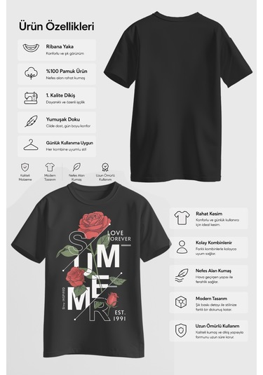 Spoyi Rose Forever Tasarımlı %100 Pamuk Yarım Oversize Siyah T-shirt