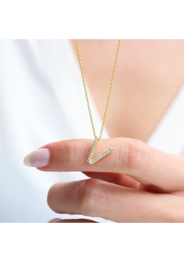 Mia vento Işıltılı Prizma V Harfi Gold Renk Gümüş Kolye