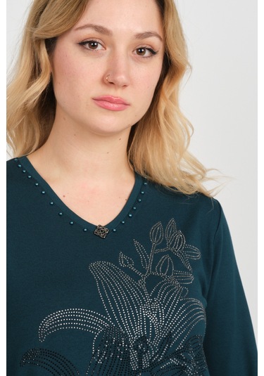 Detay Triko Kadın Önü Taş Süslemeli Yakası Boncuk Detaylı Uzun Kol Anne Bluz 5747 Zümrüt Zümrüt