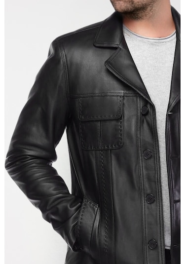 Derije Gomez Hakiki Deri Erkek Siyah Punto Dikiş Detaylı Ceket-Mont