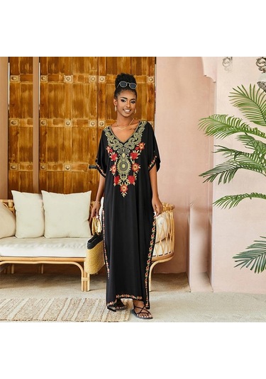 Edolynsa Siyah Vintage İşlemeli Uzun Kaftan Siyah