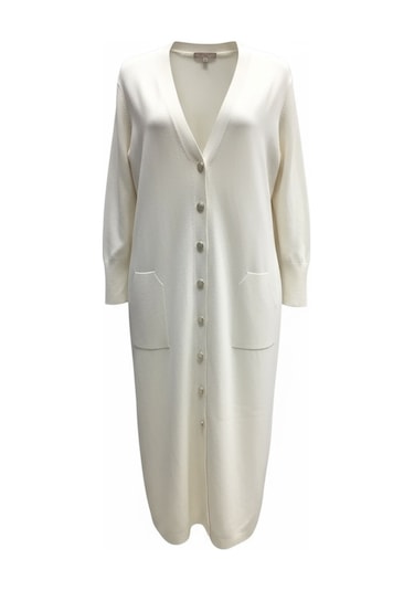 Kadın Önü Düğmeli V Yaka Cepli Mevsimlik Hırka Krem