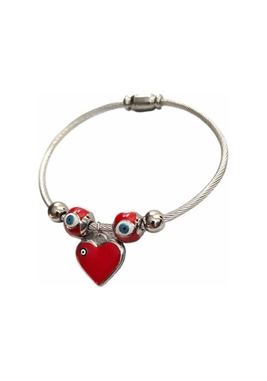Bayan Çelik Kalp Nazar Boncuklu Gümüş Renk Kararmaz Mıknatıslı Kadın Bileklik Çelik