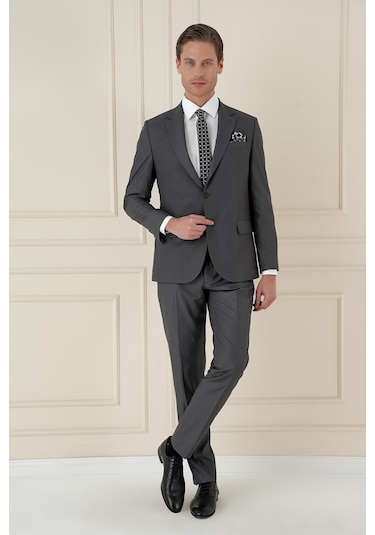 Efor Slim Fit Çift Yırtmaç Mono Yaka Klasik Füme Takım Elbise Tk 912 Füme
