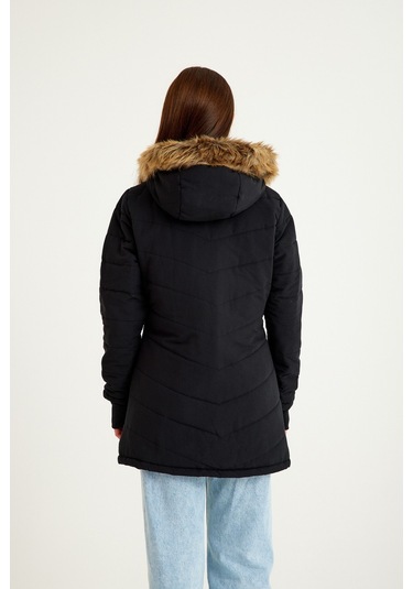 Barbora Kışlık Eldivenli Kapüşonlu Kürklü Kadın Şişme Mont Bt121siyah5 001