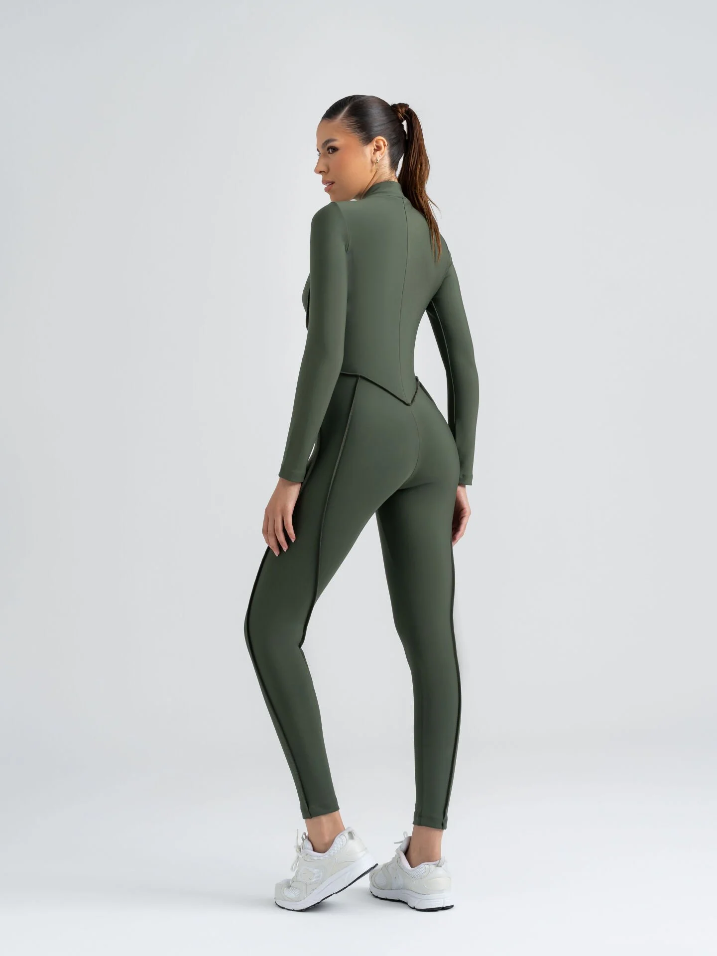 Dikişle Modellenmiş Spor Tayt Tulum Haki Yeşili