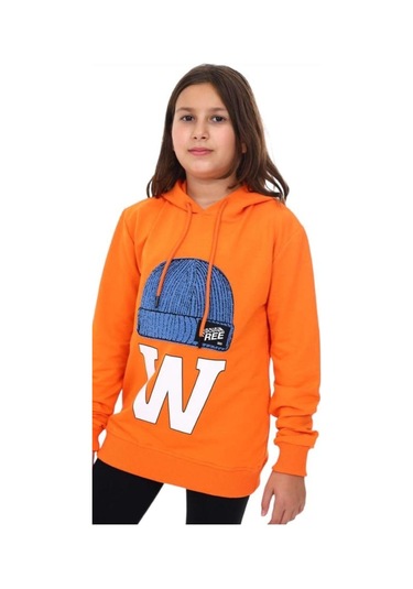 Çocuk Bere Baskılı Ve İşlemeli Kapüşonlu Sweatshirt-13410-turuncu Turuncu